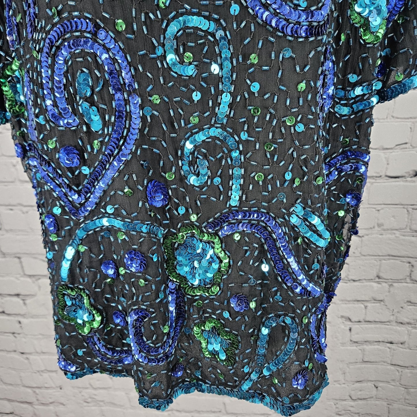 VTG Stenay Black Blue 100% Silk Beaded Sequin Lined Short Sleeve Top Medium M
