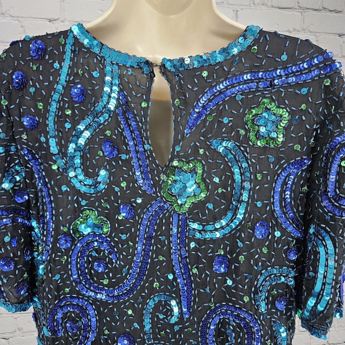 VTG Stenay Black Blue 100% Silk Beaded Sequin Lined Short Sleeve Top Medium M