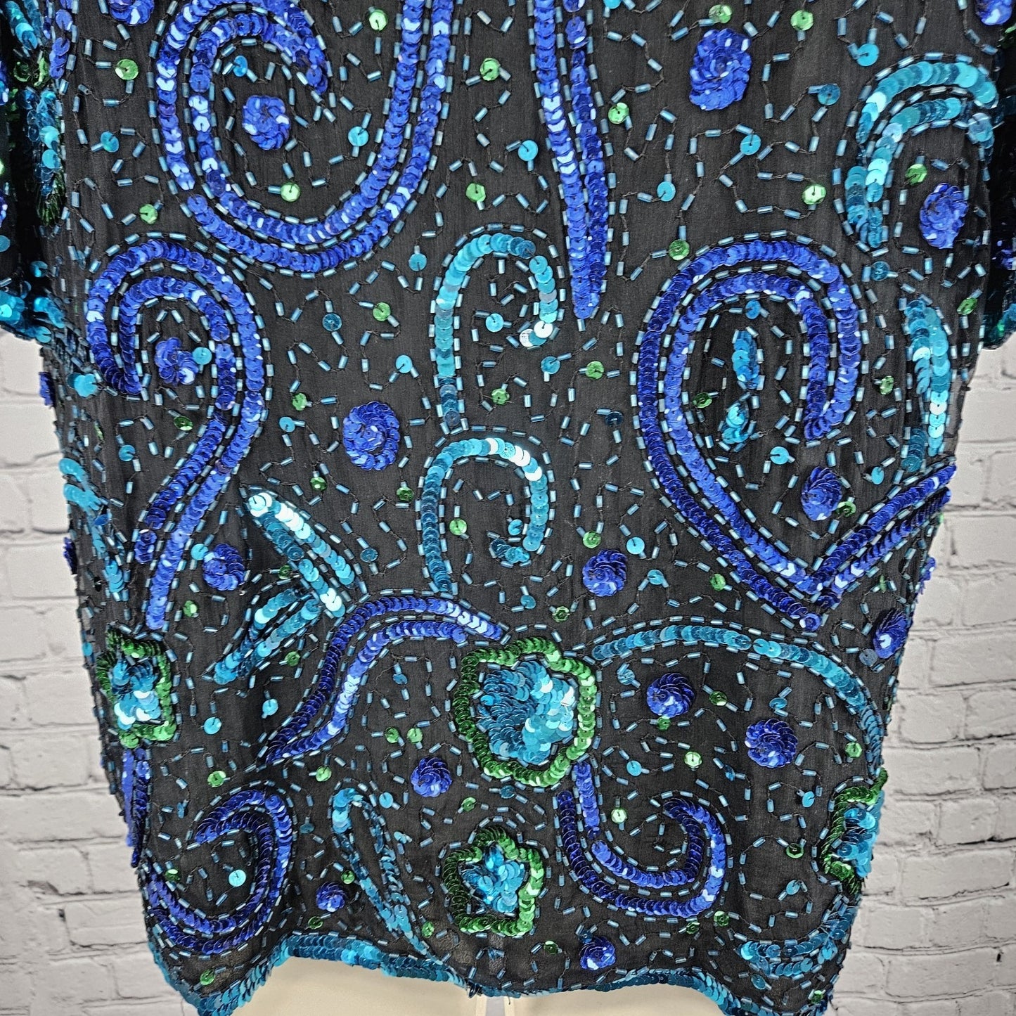 VTG Stenay Black Blue 100% Silk Beaded Sequin Lined Short Sleeve Top Medium M