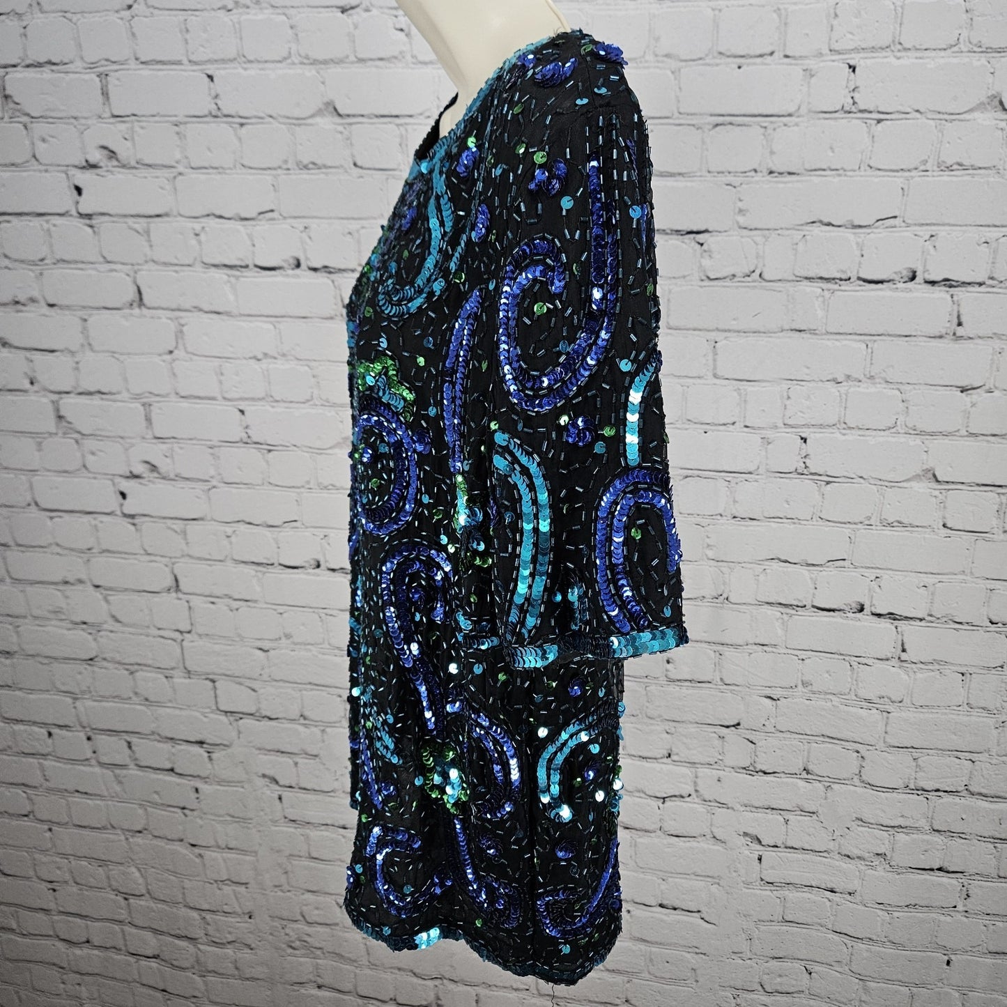 VTG Stenay Black Blue 100% Silk Beaded Sequin Lined Short Sleeve Top Medium M