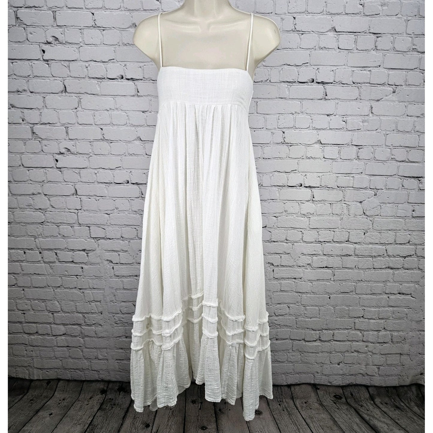 Free People FP One White Gauzy Strappy Boho Smocked Lined Midi Sun Dress XS