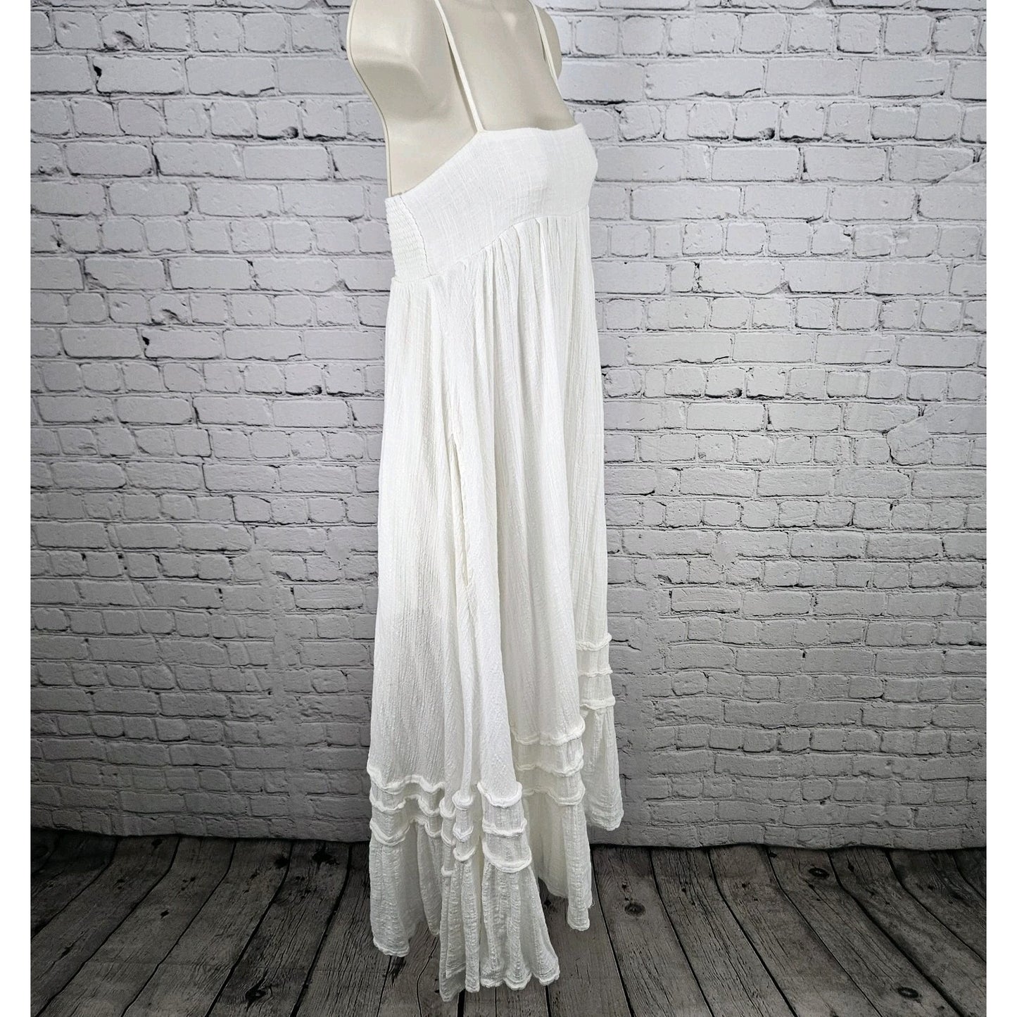 Free People FP One White Gauzy Strappy Boho Smocked Lined Midi Sun Dress XS