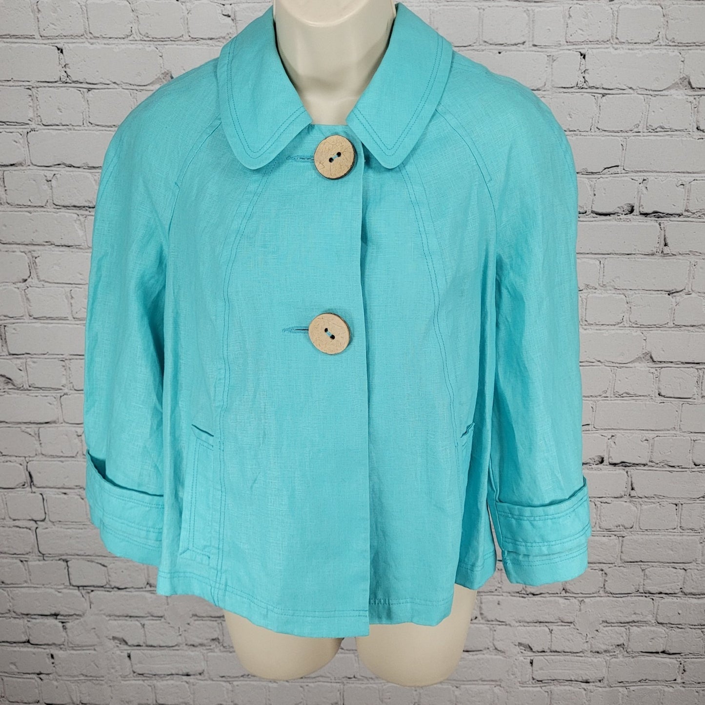 Tribal Blue 100% Linen Lightweight Unlined 3/4 Sleeve Buttoned Jacket Size 4
