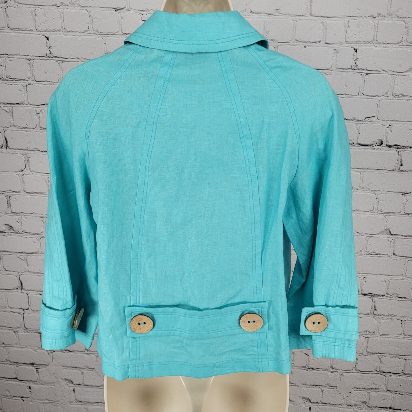 Tribal Blue 100% Linen Lightweight Unlined 3/4 Sleeve Buttoned Jacket Size 4