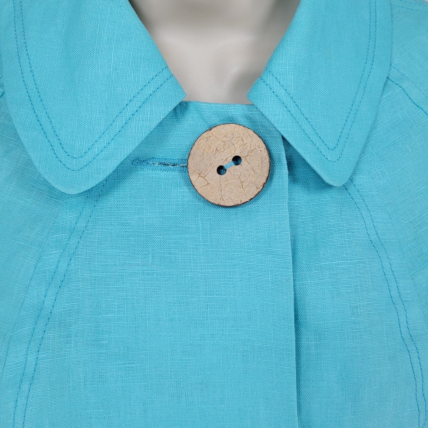 Tribal Blue 100% Linen Lightweight Unlined 3/4 Sleeve Buttoned Jacket Size 4