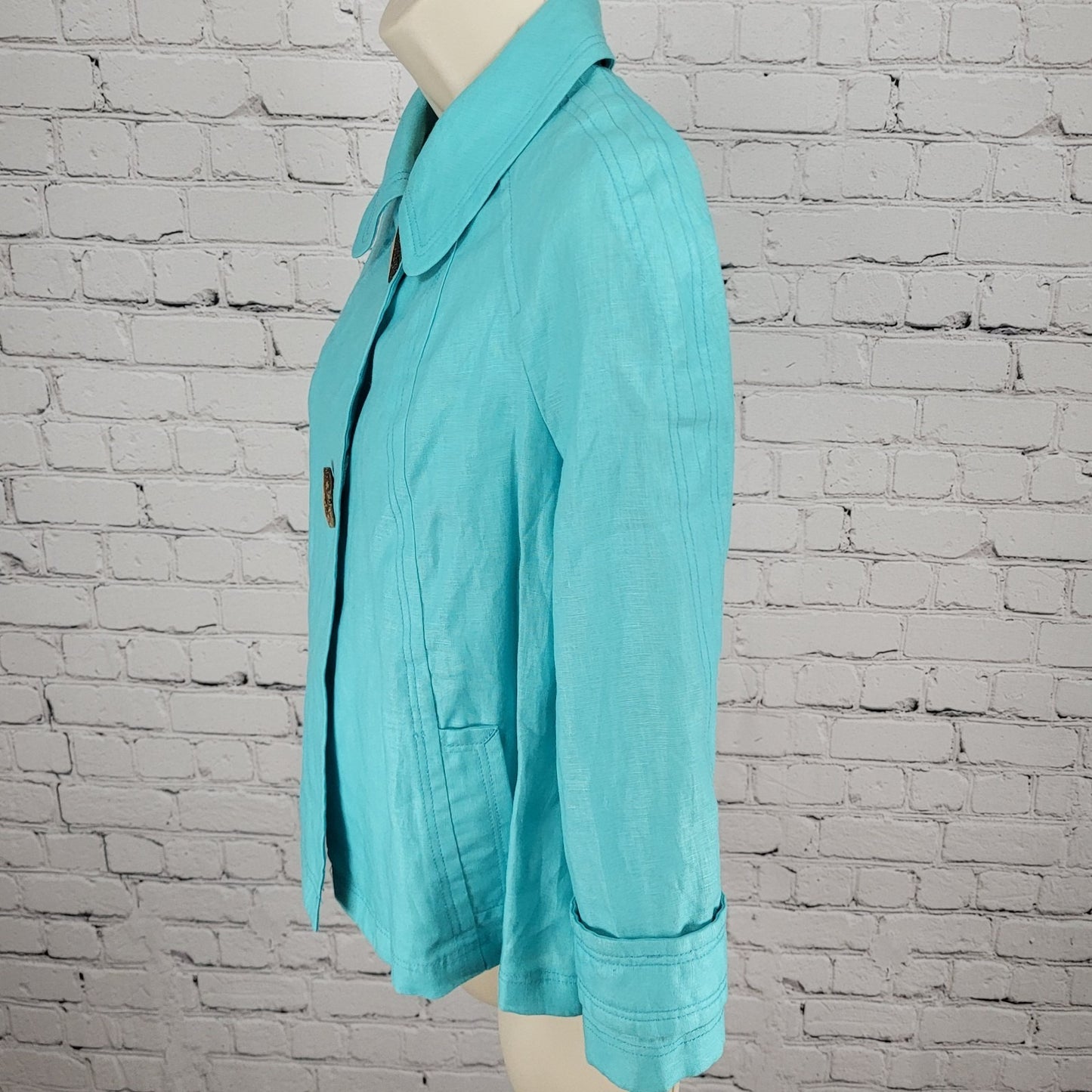 Tribal Blue 100% Linen Lightweight Unlined 3/4 Sleeve Buttoned Jacket Size 4