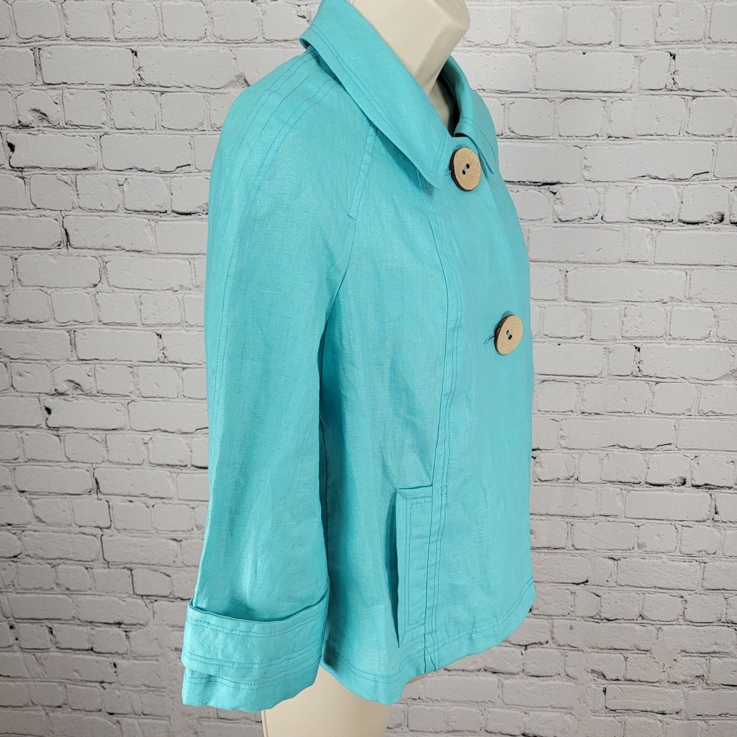 Tribal Blue 100% Linen Lightweight Unlined 3/4 Sleeve Buttoned Jacket Size 4
