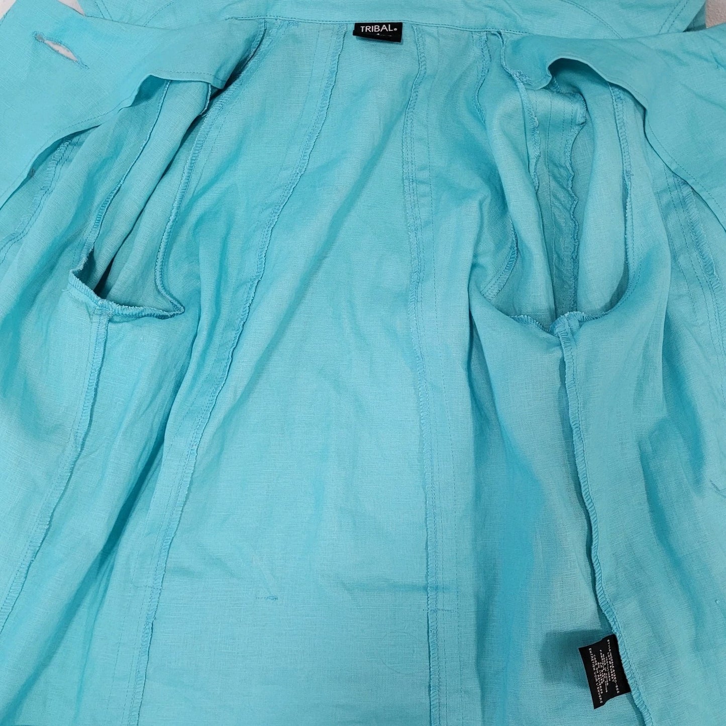 Tribal Blue 100% Linen Lightweight Unlined 3/4 Sleeve Buttoned Jacket Size 4
