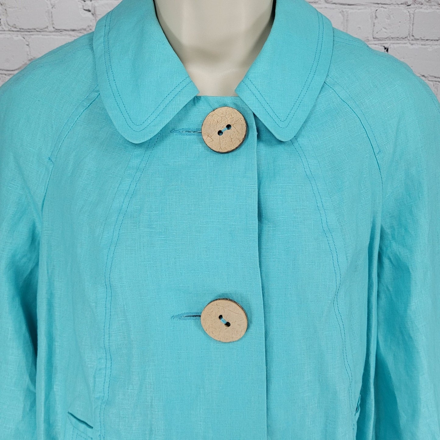 Tribal Blue 100% Linen Lightweight Unlined 3/4 Sleeve Buttoned Jacket Size 4