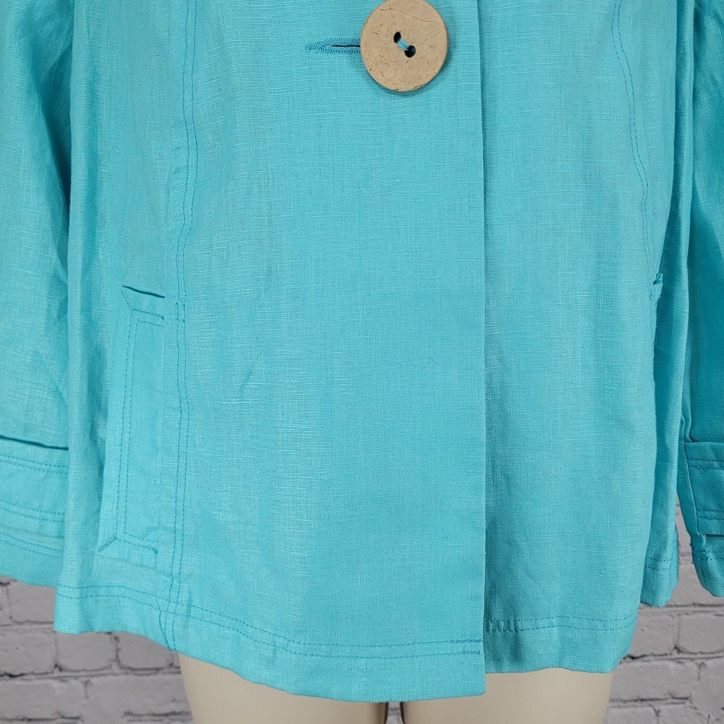 Tribal Blue 100% Linen Lightweight Unlined 3/4 Sleeve Buttoned Jacket Size 4