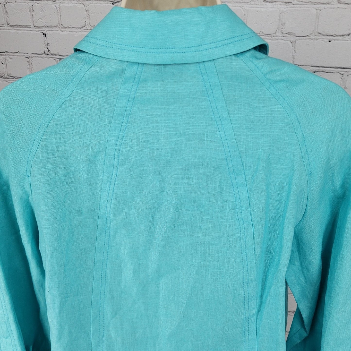 Tribal Blue 100% Linen Lightweight Unlined 3/4 Sleeve Buttoned Jacket Size 4
