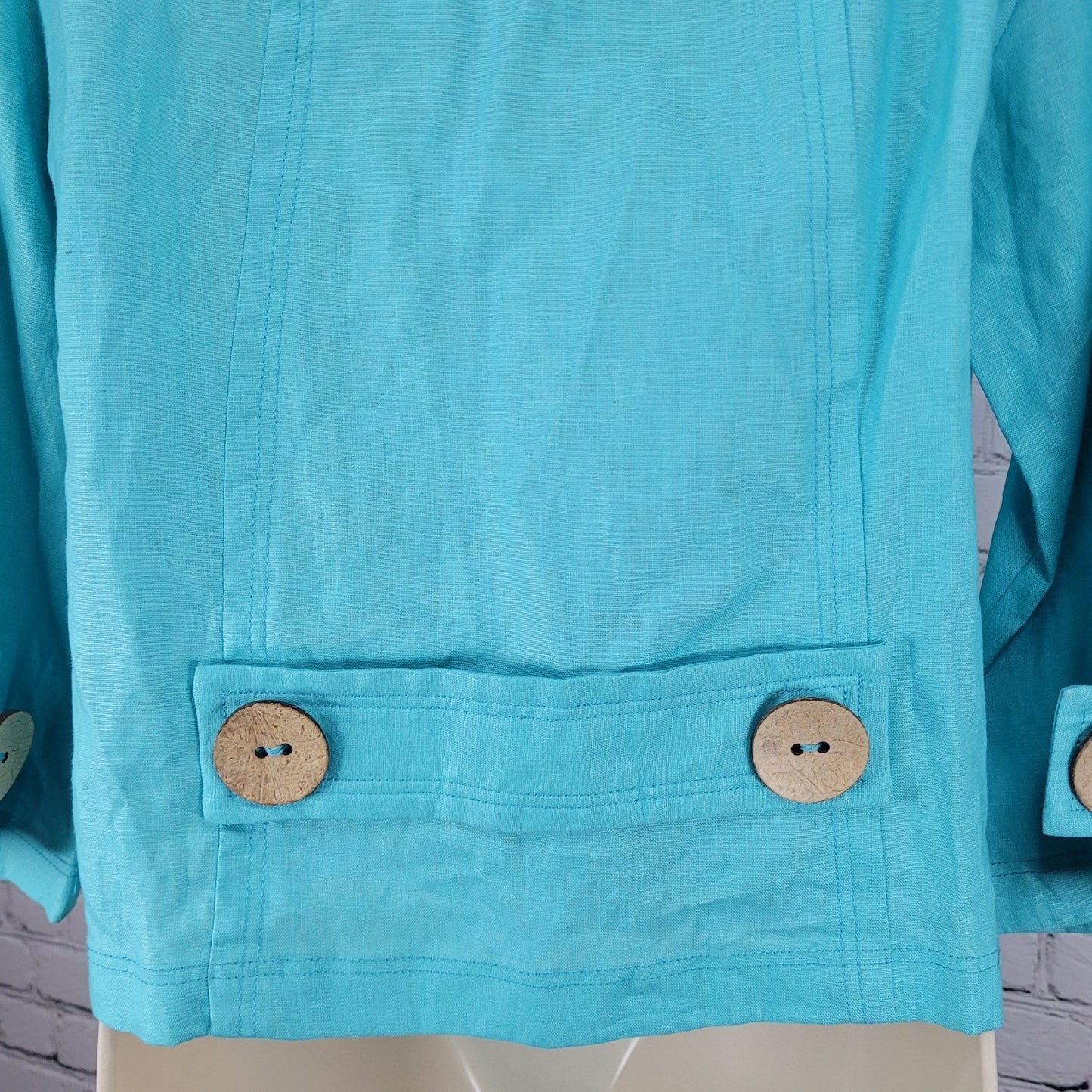 Tribal Blue 100% Linen Lightweight Unlined 3/4 Sleeve Buttoned Jacket Size 4
