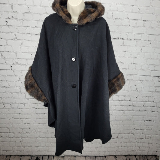 Stephanie Mathews Black Faux Fur Trim Hooded Cape Buttoned Over Coat One Size
