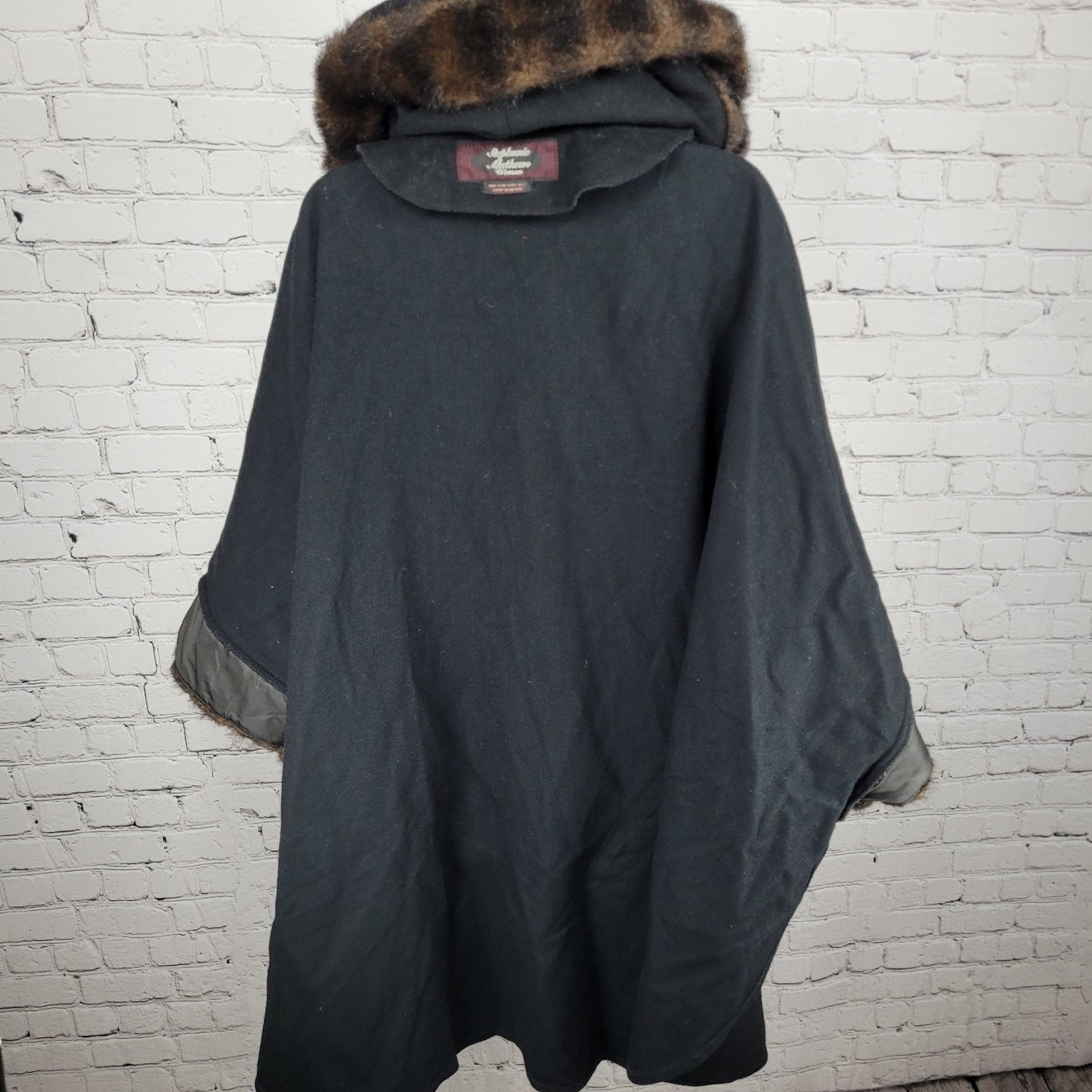 Stephanie Mathews Black Faux Fur Trim Hooded Cape Buttoned Over Coat One Size
