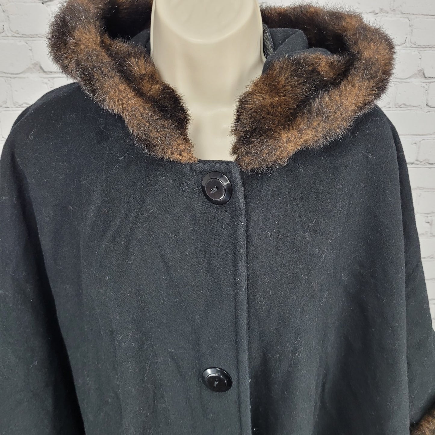 Stephanie Mathews Black Faux Fur Trim Hooded Cape Buttoned Over Coat One Size