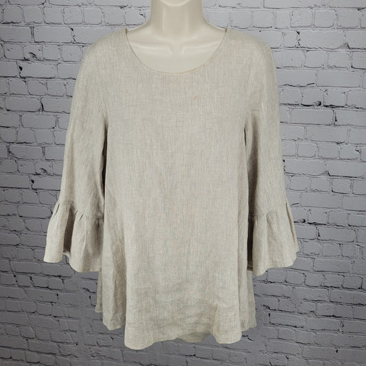 Crown Linen Beige 100% European Linen 3/4 Bell Sleeve Tunic Top Size Small S