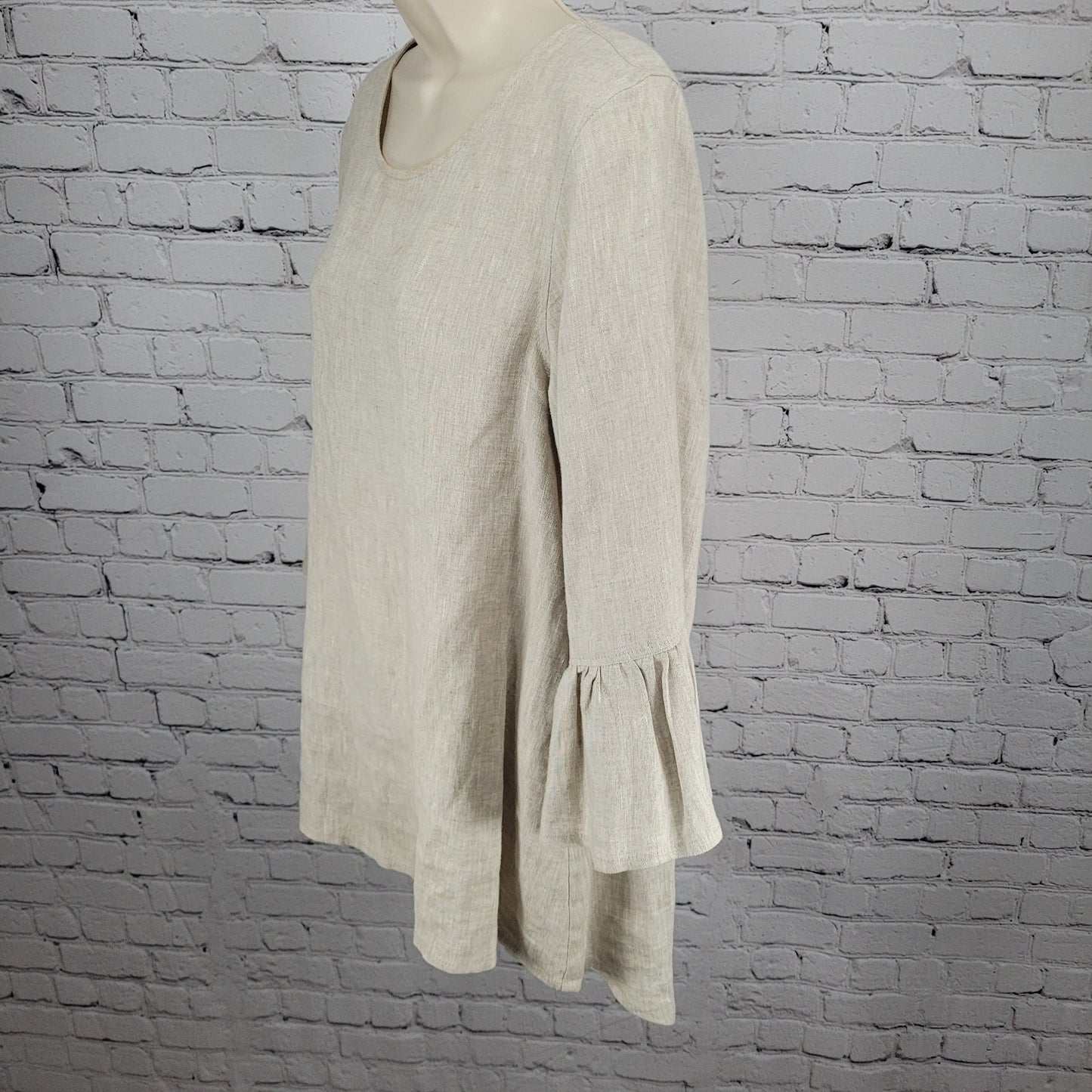 Crown Linen Beige 100% European Linen 3/4 Bell Sleeve Tunic Top Size Small S