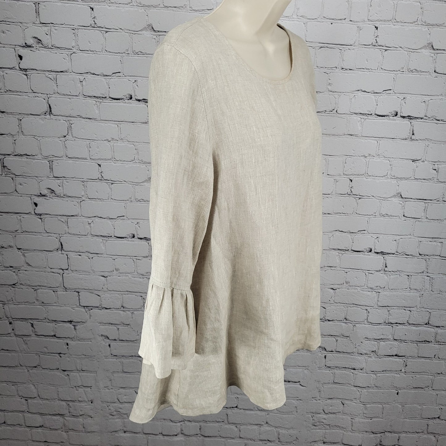Crown Linen Beige 100% European Linen 3/4 Bell Sleeve Tunic Top Size Small S