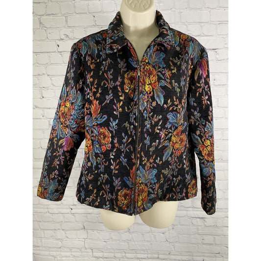 VTG Coldwater Creek Black Colorful Floral Full Zip Collared Jacket PM
