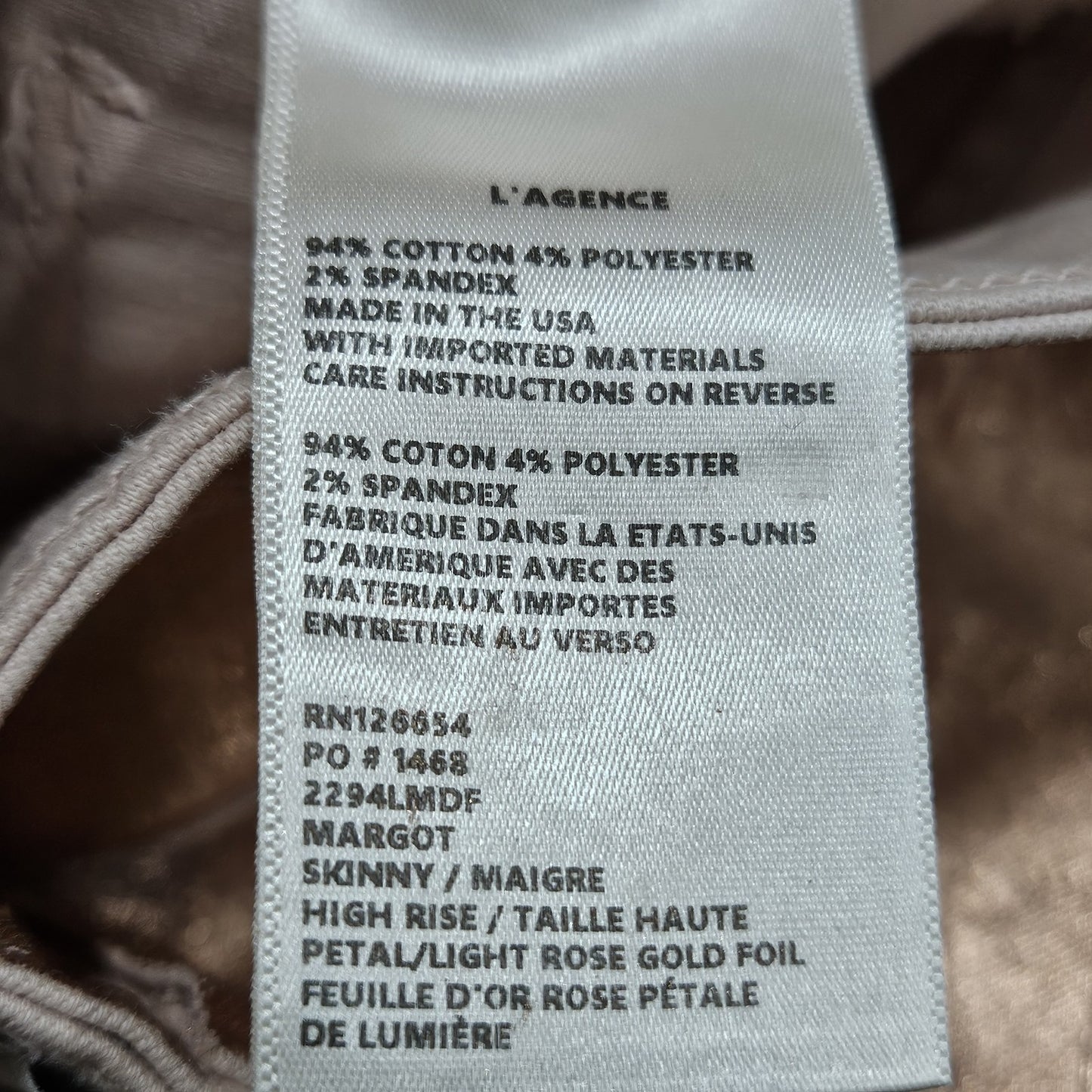 L'agence Petal Rose Gold Foil Margot Skinny Mid Rise Jeans Pants USA 27 (26x26)