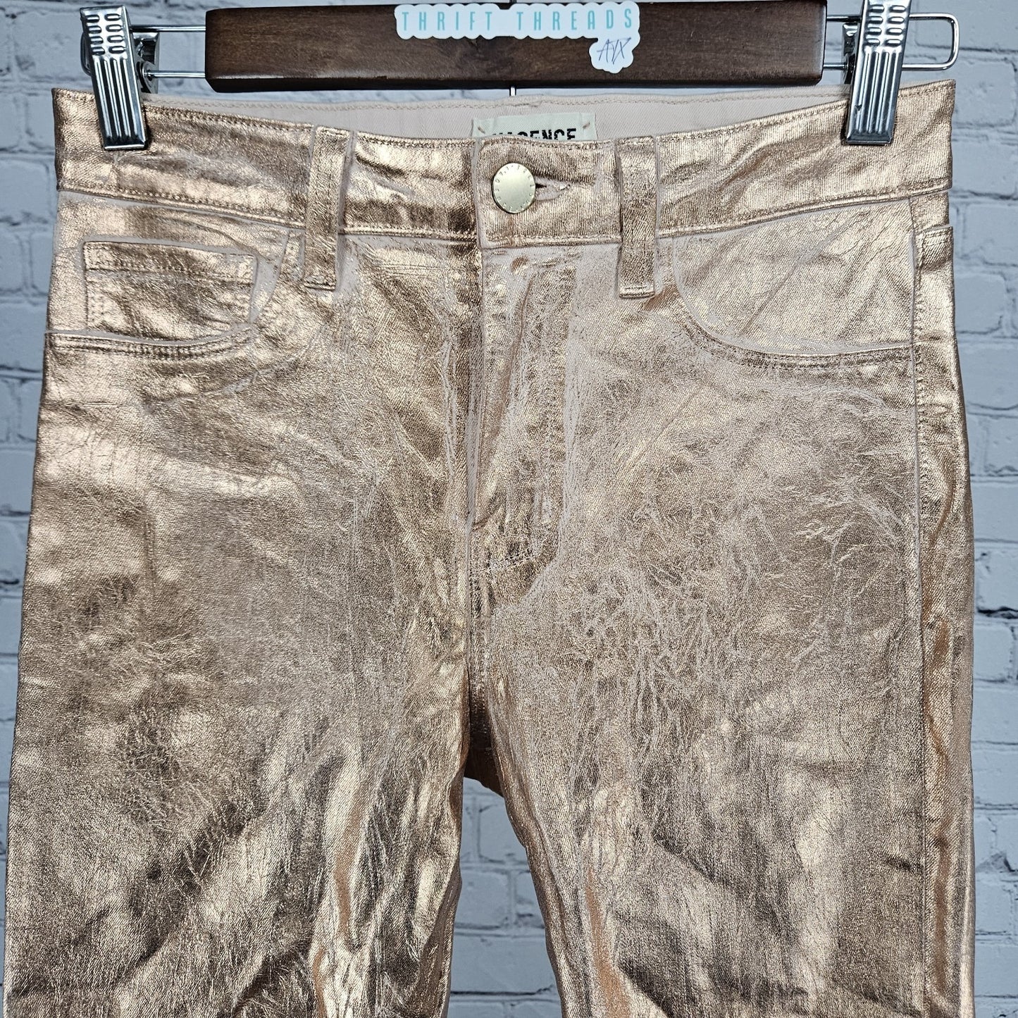 L'agence Petal Rose Gold Foil Margot Skinny Mid Rise Jeans Pants USA 27 (26x26)