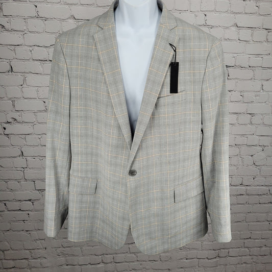NWT J. Ferrar Gray Tan Plaid Classic Fit 1 Button Blazer Sport Coat Size 46R
