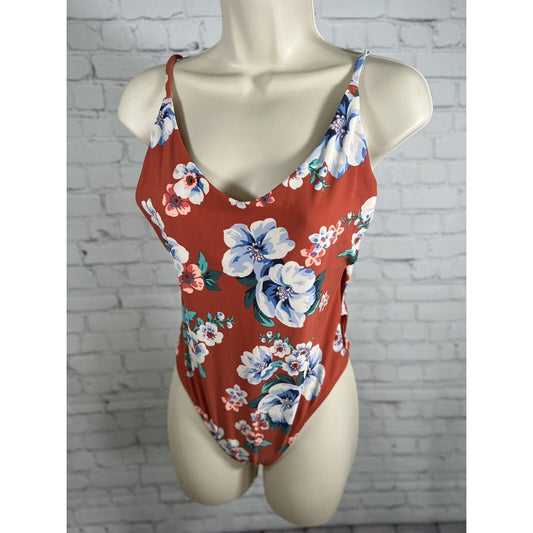 Aerie Orange Floral Print High Waisted Side Cut Outs One Piece Swimsuit Medium