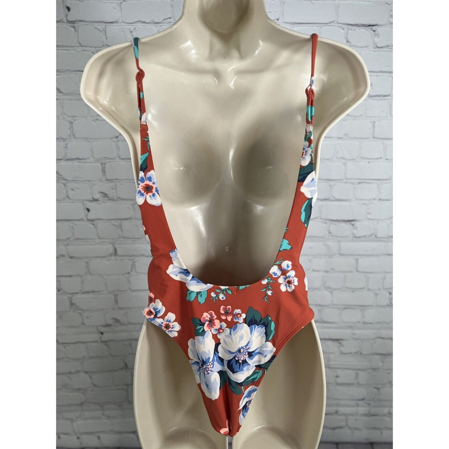 Aerie Orange Floral Print High Waisted Side Cut Outs One Piece Swimsuit Medium