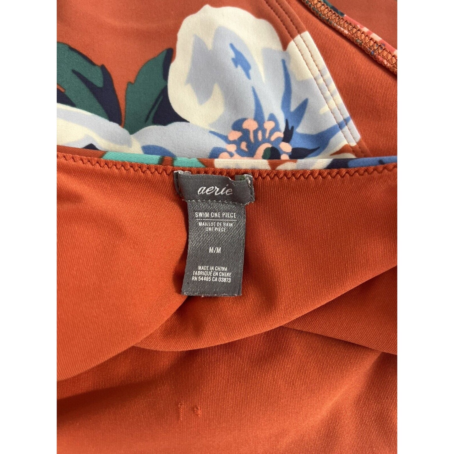 Aerie Orange Floral Print High Waisted Side Cut Outs One Piece Swimsuit Medium