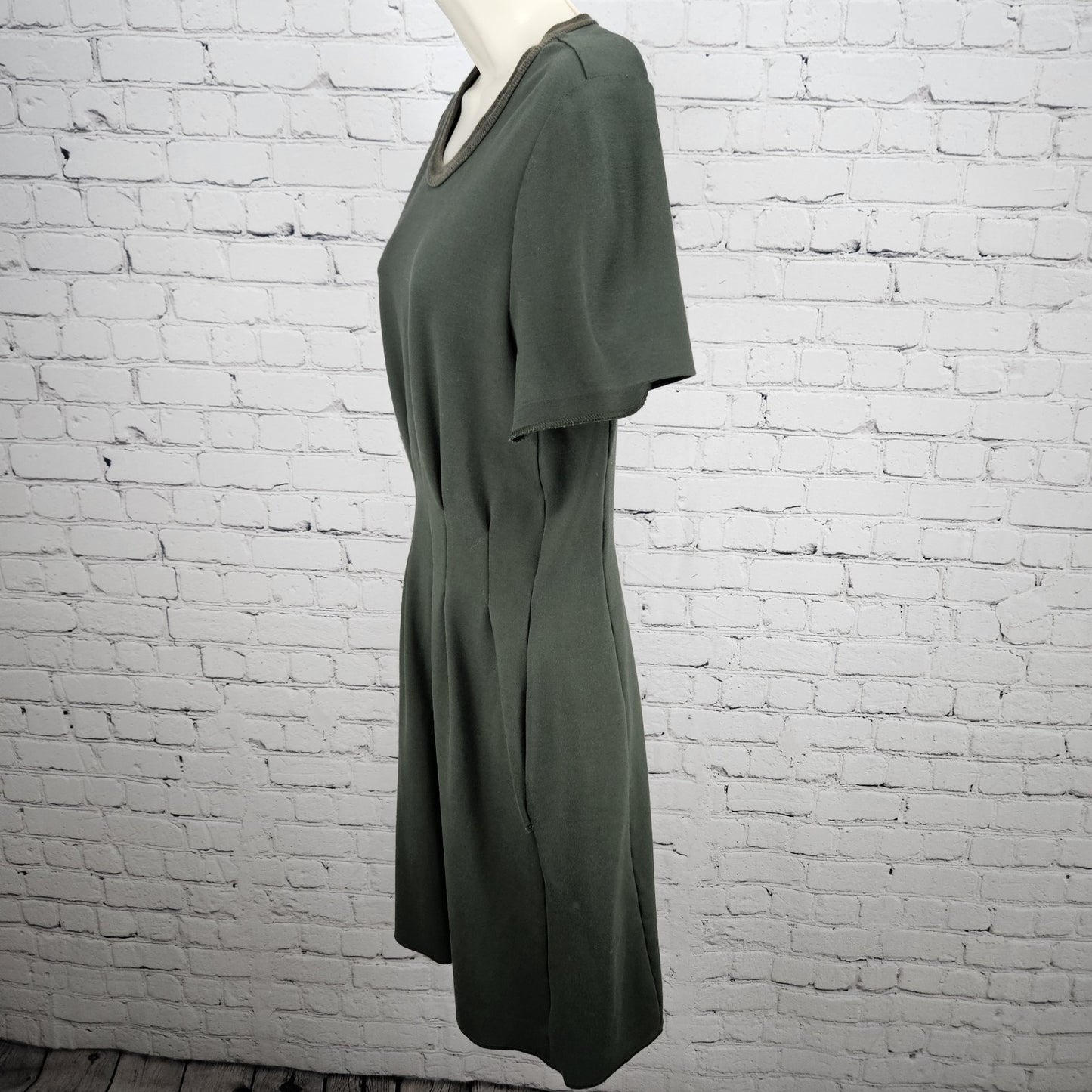 Madewell Green Pleated Short Sleeve Pockets Stretch A-Line Midi Dress Small S