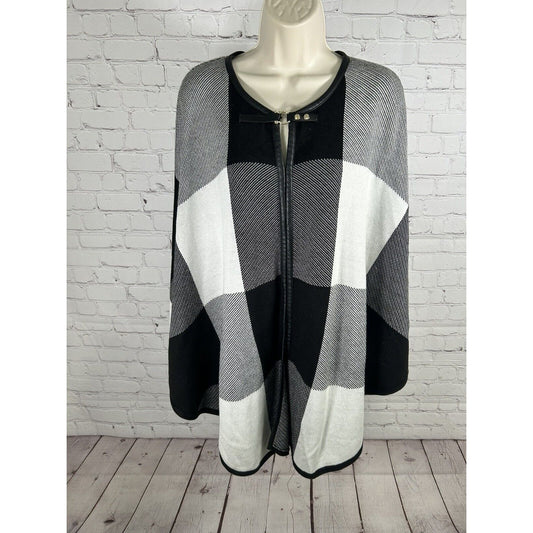 Ivanka Trump Womens Poncho Cape Plaid Black White Vegan Leather Trim Sz Xs/S