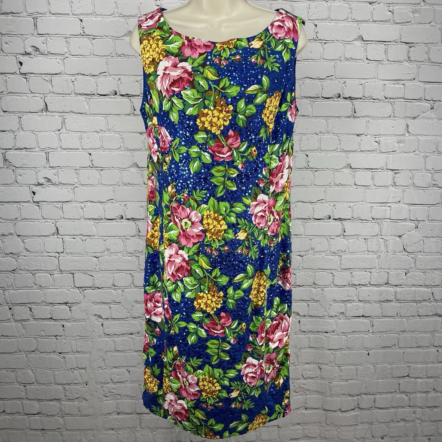 Adrienne Vittadini Blue Floral Cotton Sequin Unlined Zipped Pencil Dress Size 12