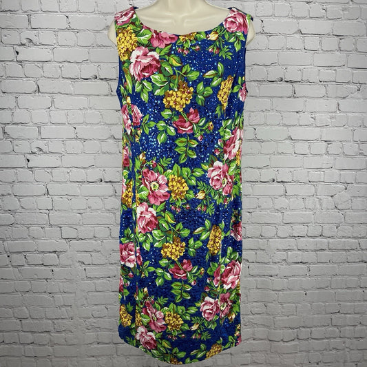 Adrienne Vittadini Blue Floral Cotton Sequin Unlined Zipped Pencil Dress Size 12