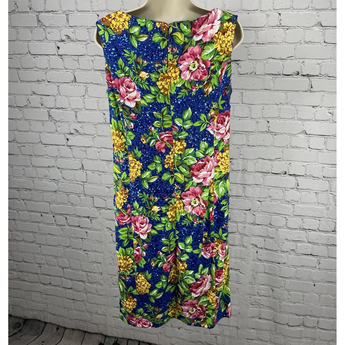 Adrienne Vittadini Blue Floral Cotton Sequin Unlined Zipped Pencil Dress Size 12