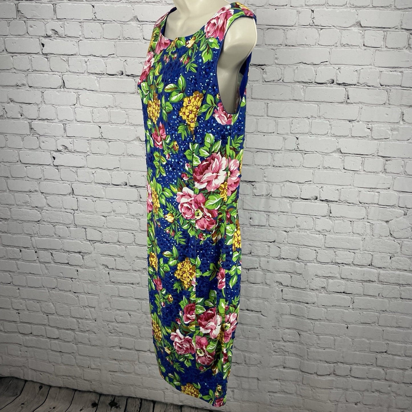 Adrienne Vittadini Blue Floral Cotton Sequin Unlined Zipped Pencil Dress Size 12