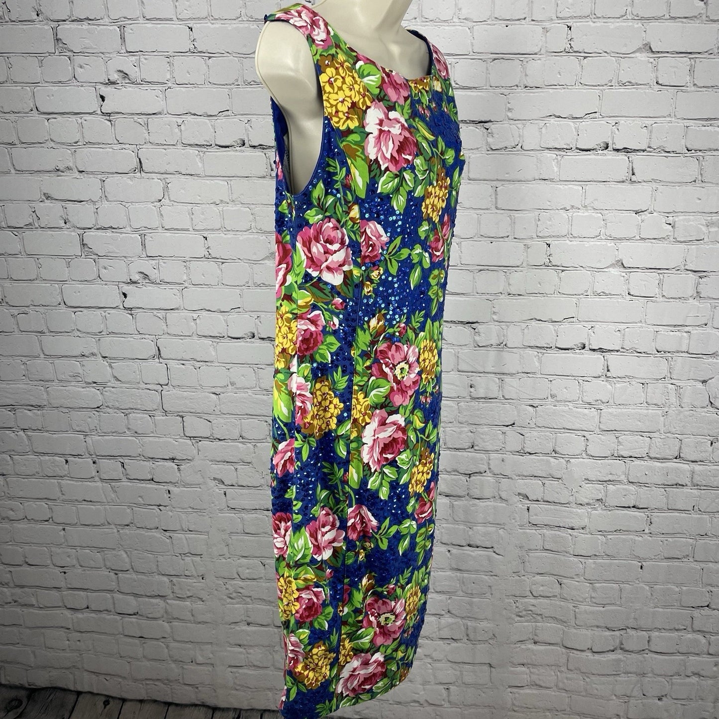 Adrienne Vittadini Blue Floral Cotton Sequin Unlined Zipped Pencil Dress Size 12