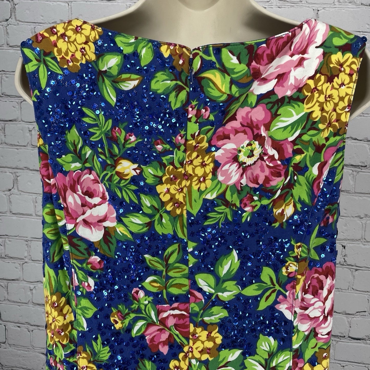 Adrienne Vittadini Blue Floral Cotton Sequin Unlined Zipped Pencil Dress Size 12