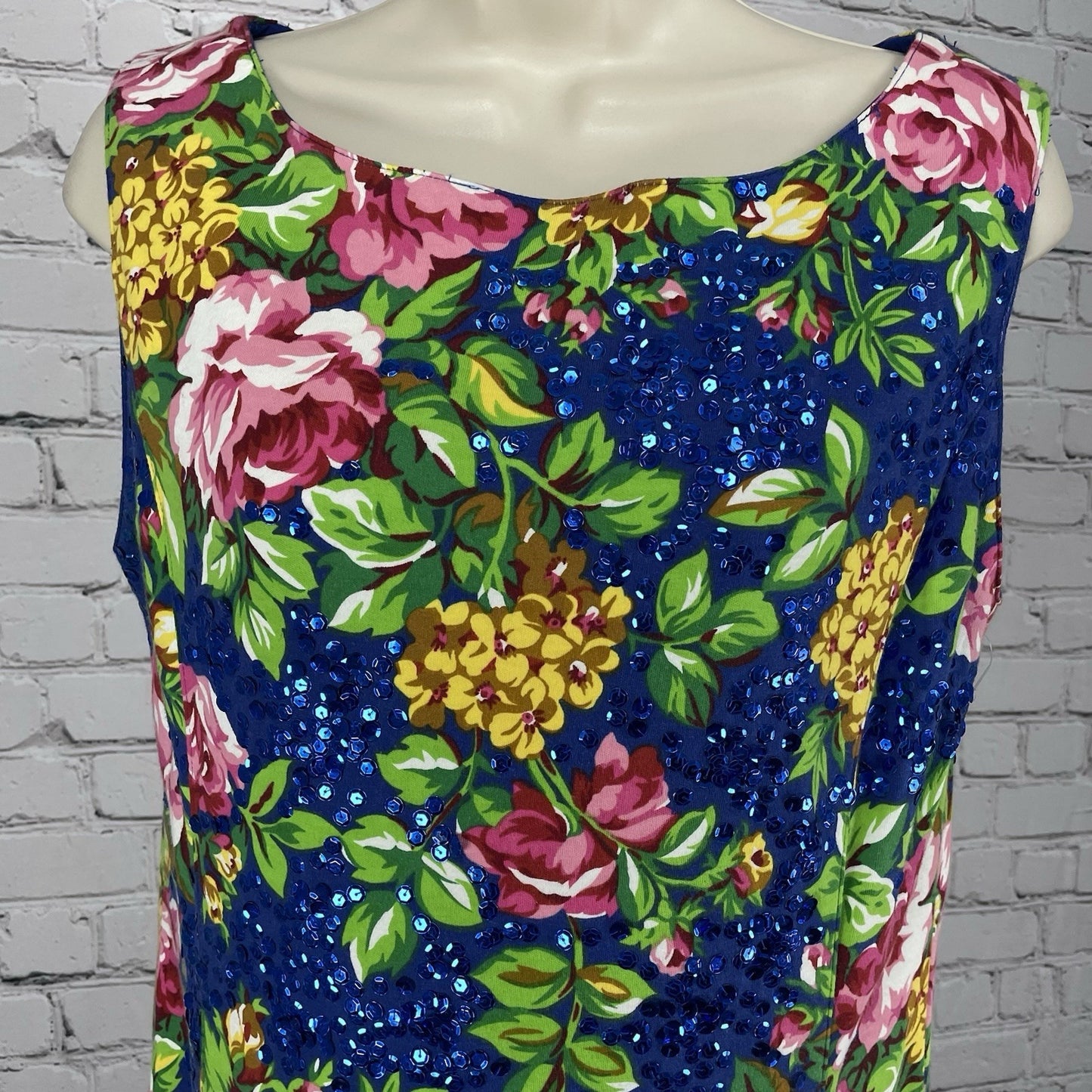 Adrienne Vittadini Blue Floral Cotton Sequin Unlined Zipped Pencil Dress Size 12
