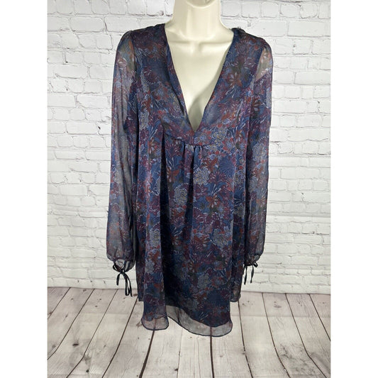 Zara Woman Blue Floral Semi Sheer Long Sleeve Lined V Neck Dress Medium *sm hole
