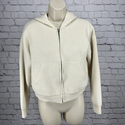 Zara Cream Wool Blend Zip Cropped Hoodie Sweater Pockets Juniors Size 13-14