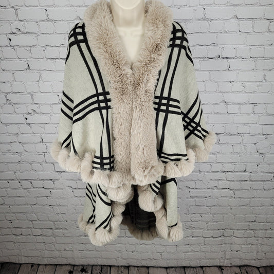 Northern Angel Beige Check Faux Fur Trim Cape Blanket Cardigan Size Large L/XL