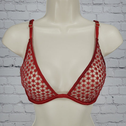 Victoria's Secret Red Unlined Plunge Sheer Underwire Strappy Back Bra Size 34C