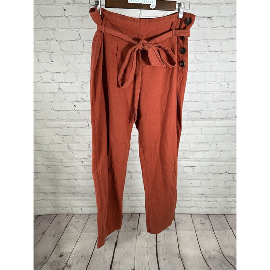 CAGE Orange Pleated Button Up Side Belted High Rise Women’s Pants (30 x 25.5)