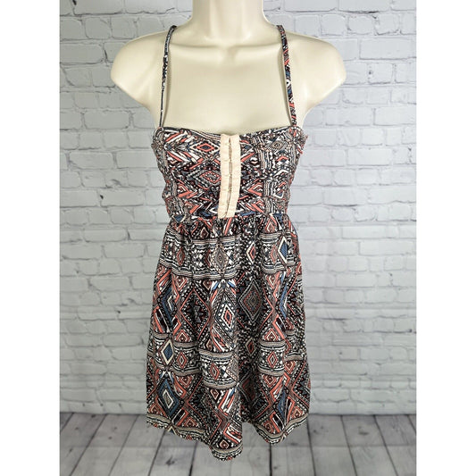 BILLABONG Coral Black Geometric Hook & Eye Detail Spaghetti Strap Mini Sun Dress
