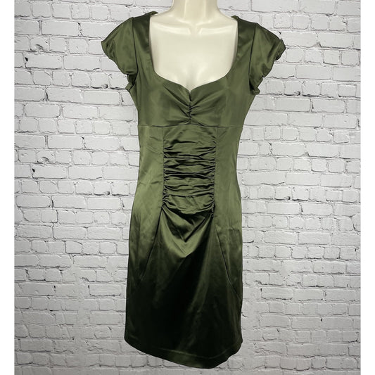 VTG Nicole Miller Green Satin Ruched Zipped Lined Pencil Dress USA Made Size 6