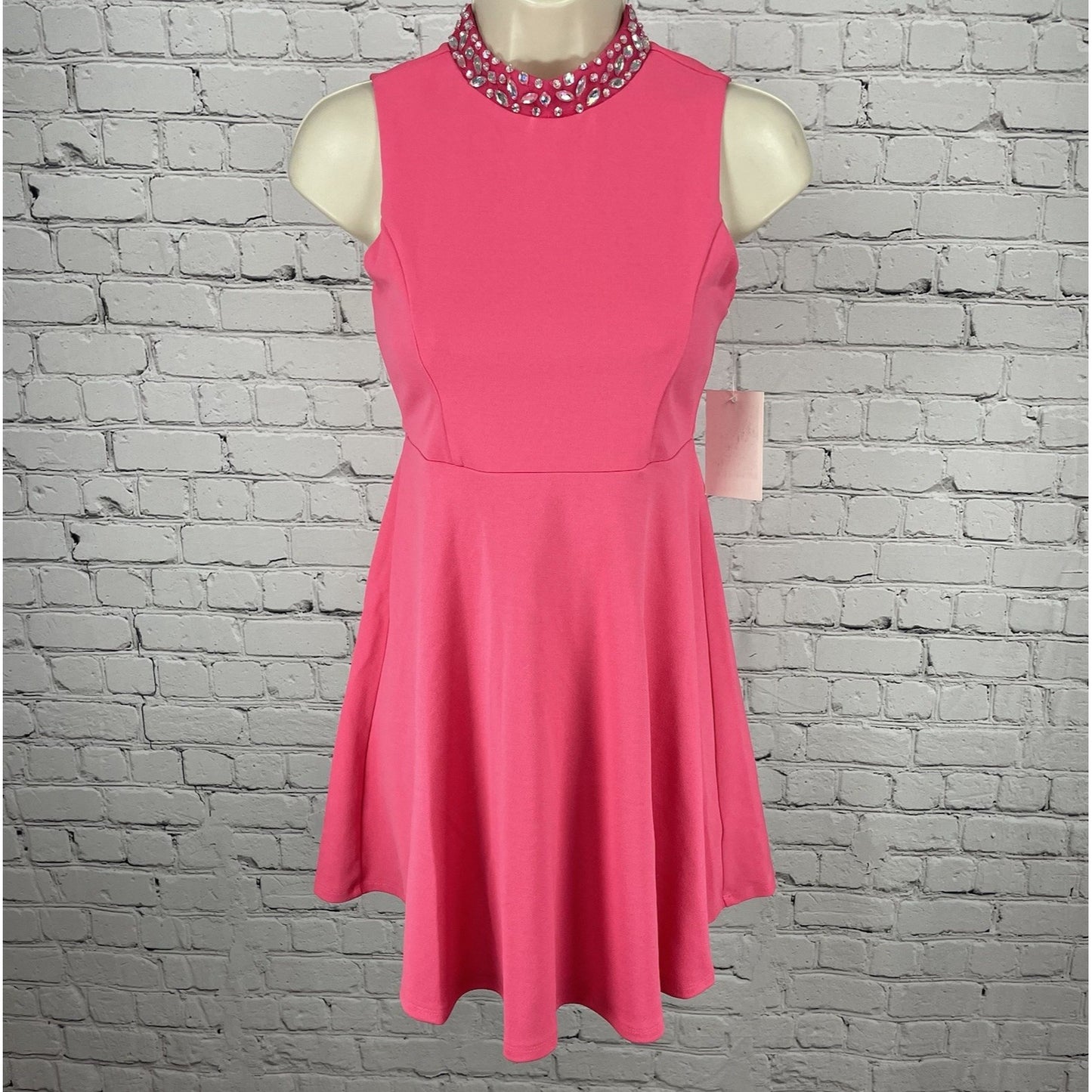 NWT Nickie Lew Pink Rhinestone A Line Stretch Zip High Neck Dress Girls Size 12