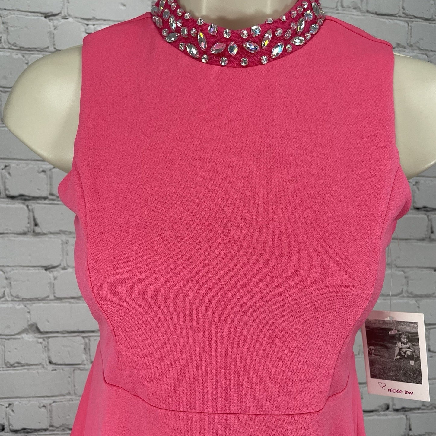 NWT Nickie Lew Pink Rhinestone A Line Stretch Zip High Neck Dress Girls Size 12