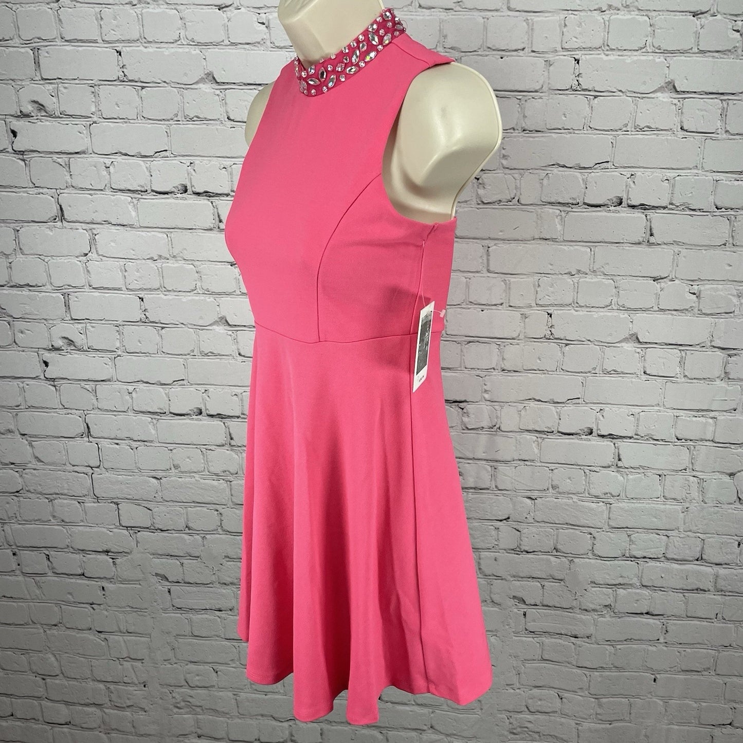 NWT Nickie Lew Pink Rhinestone A Line Stretch Zip High Neck Dress Girls Size 12