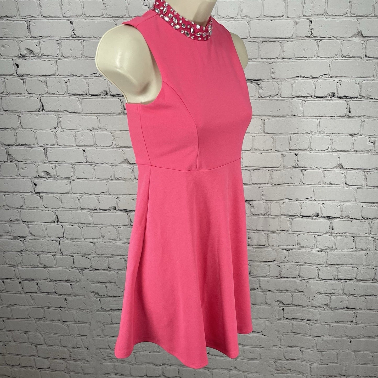 NWT Nickie Lew Pink Rhinestone A Line Stretch Zip High Neck Dress Girls Size 12
