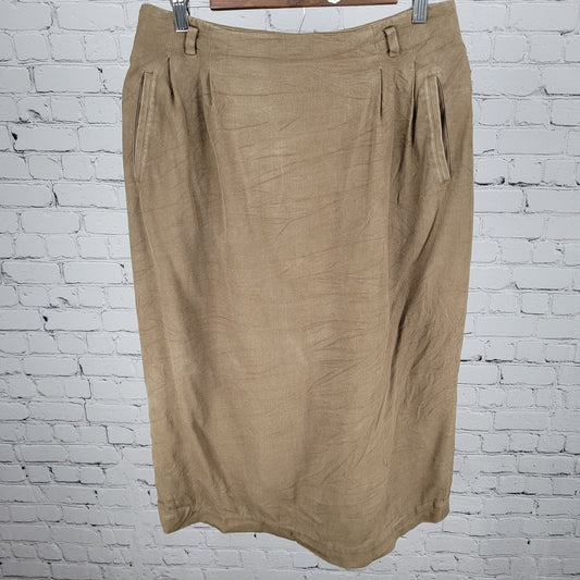 VTG Linda Allard By Ellen Tracy Brown 100% Silk Pencil Skirt Size 14 (30x30.5)
